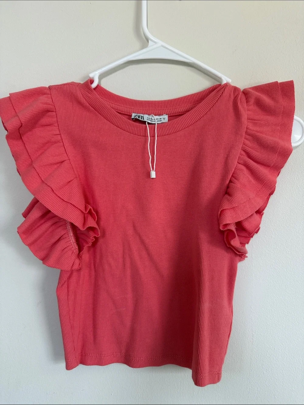 Zara Coral Ruffle-Sleeve Ribbed Top - Picture 1 of 4